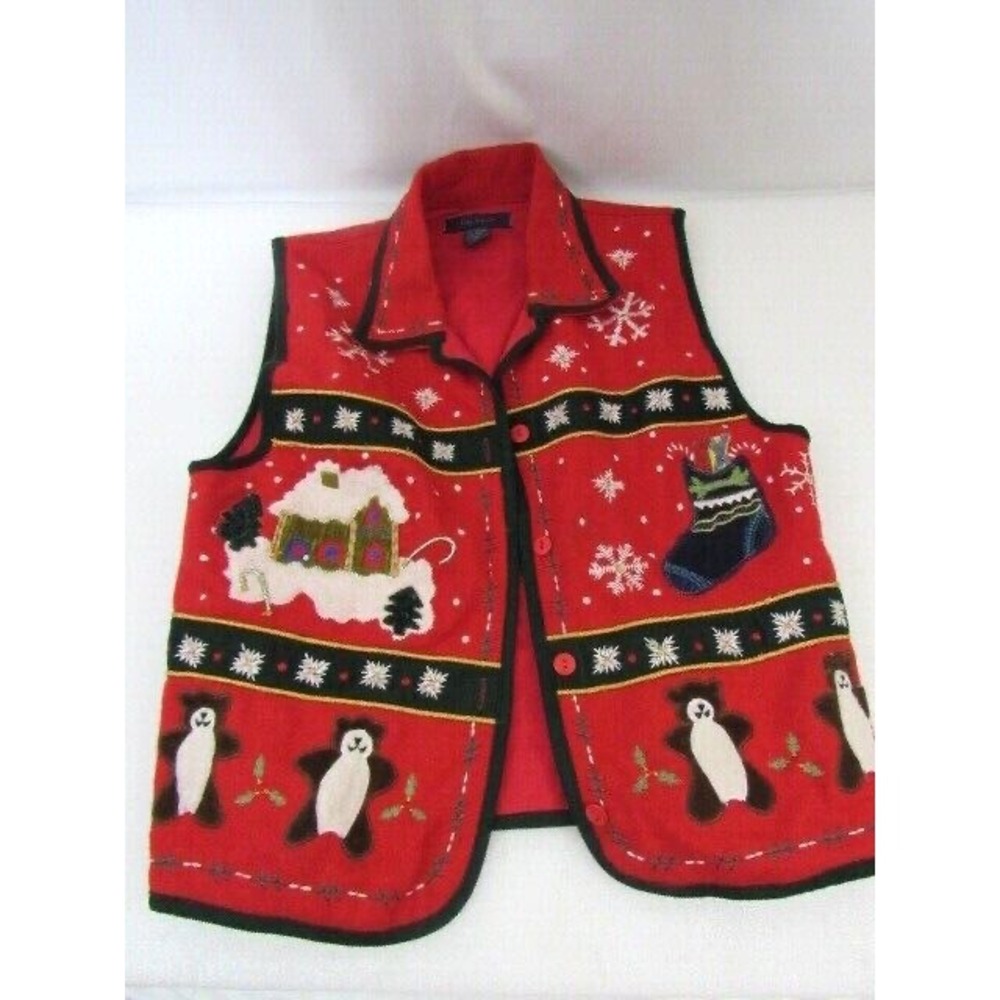 Life Style Holiday Christmas Vest Size M‎ Red Bears Snowflakes Wool Cotton